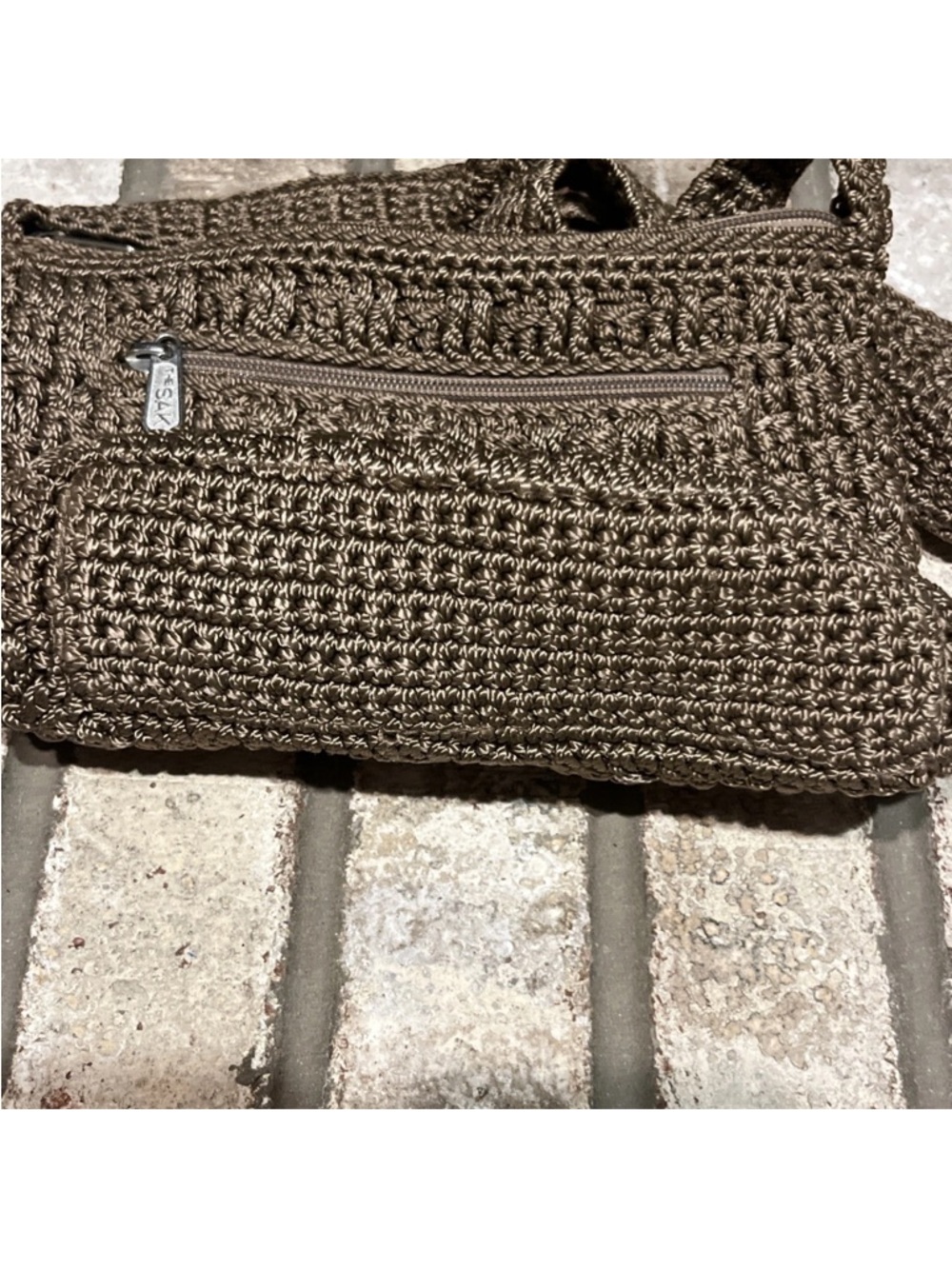The SAK Original Taupe Knit Woven Crochet Shoulder Bag  BOHO Cottagecore - Picture 3 of 8